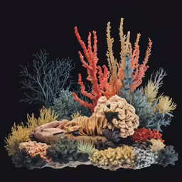 some corals and some plants on a black surface
