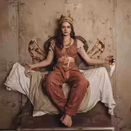 the woman sits on the bed while wearing a crown