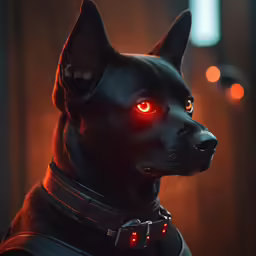 an angry looking dog with red light on its eyes