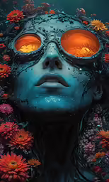 an alien face with eyes, surrounded by red and yellow flowers