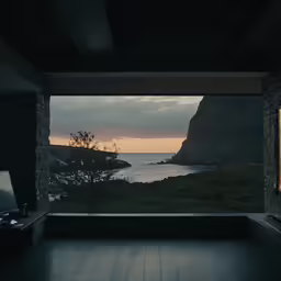 a room with a wood floor and large open window