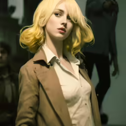 blonde woman with big breast wearing a beige jacket
