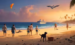 there are many people on the beach at dusk,some people at the beach with a dog