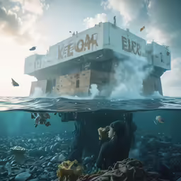 a person standing on top of a large pile of rocks under water