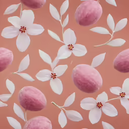 a photo of flowers and fruit on pink