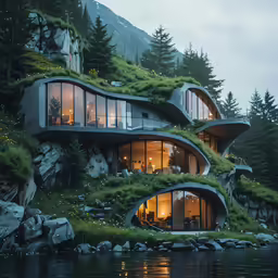 a couple of houses with green grass growing on top