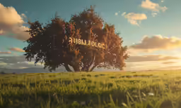 a tree stands in the middle of a field
