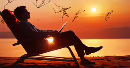 a man is on his laptop outside at sunset,a man sitting on top of a chair next to the ocean with a laptop
