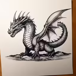 a drawing of a dragon sitting on a table