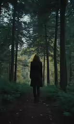 a woman walks through a forest surrounded by tall trees