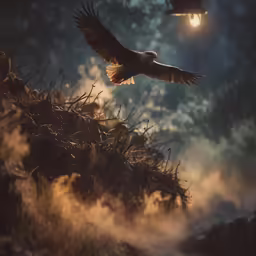 a bird flying near a lantern in a tree