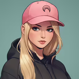 a blonde girl in a pink hat, sweatshirt and black hoodie
