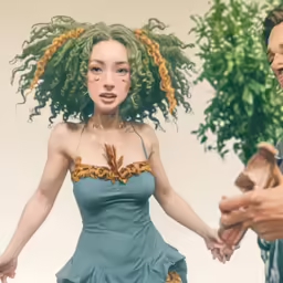 an animation portrait of a woman in a blue dress with hands in her other hand