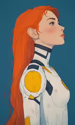 the woman is wearing futuristic suit and has red hair