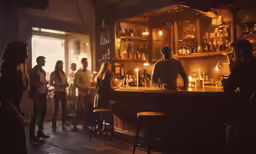 people are standing around a bar with lit candles