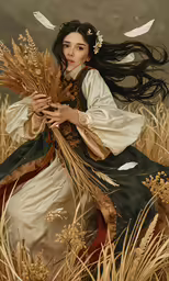 a beautiful woman dressed in a japanese traditional costume with long hair and flowers