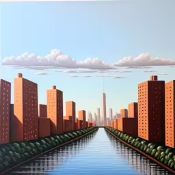 painting of a river next to a city