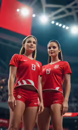 two women in red sports uniforms on the basketball court
