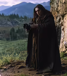 a man wearing a hooded brown outfit holding a camera