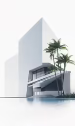 a house is shown next to the ocean with some trees
