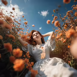 there is a woman sitting in some flowers