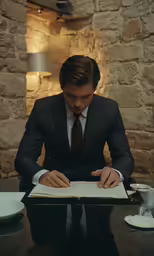 a man wearing a suit writing on a notebook