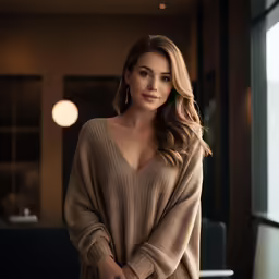 the woman is posing for the camera while wearing a brown sweater
