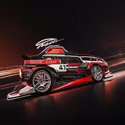 this is a car with its hood up on,the race car is shown in its red livery