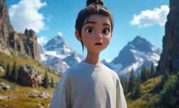 a animation movie of an unborned, young girl with big eyes and hair in front of a mountainous landscape