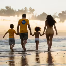 two adults and two children in yellow shirts holding hands and walking on the beach