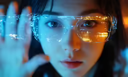 a girl wearing reflective glasses is holding up her hand with a lot of light around her