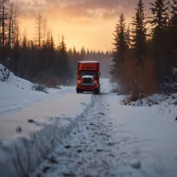 a red truck that is driving on the road,a red truck is going down the road covered in snow
