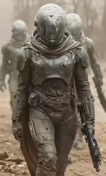 the woman is walking down the path in space suit