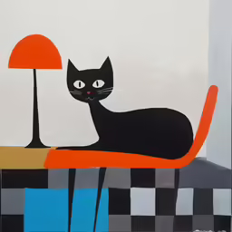 an artwork with a cat, lamp, and checkered background