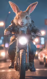 rabbit riding a motorcycle through a busy street at night