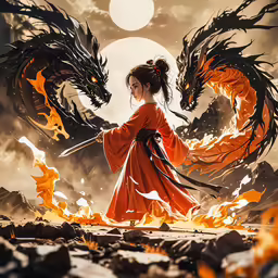 the woman is holding a sword and standing next to two dragon