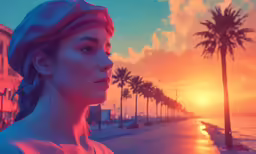 the woman is sitting on the curb next to the palm trees
