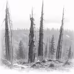 some trees in the middle of a dry and snowy field