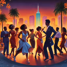 a man is talking on his phone while dancers are dancing,there is a group of people standing on the street at night