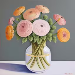 an art work of pink and yellow flowers in a glass jar,a vase with flowers is sitting on a table,a painting of flowers in a vase with pastel pinks and oranges,a painting of some pretty flowers in a vase,an image of flowers in a vase painting