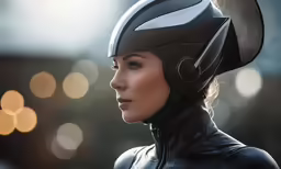 a woman with black helmet and ears