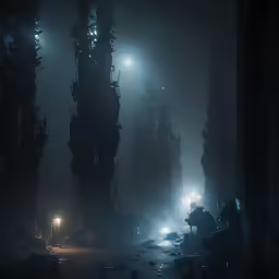 a foggy dark night and street lamps shine brightly