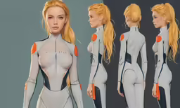 the girl in the astronaut suit looks at the viewer