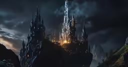the castle is shown from behind on a cloudy night