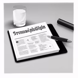 a notebook with german text next to a glass of water