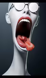 an alien woman with a piece of strawberry in her mouth