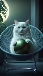 a white cat is sitting in a silver chair