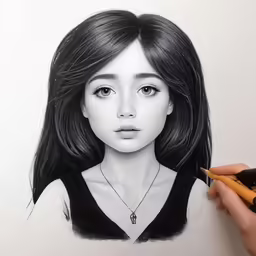 the girl with black hair has a pencil drawing