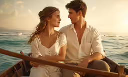 a couple in white is on the boat with water and sky in background