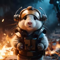 a cat in a space suit and helmet standing in a fire